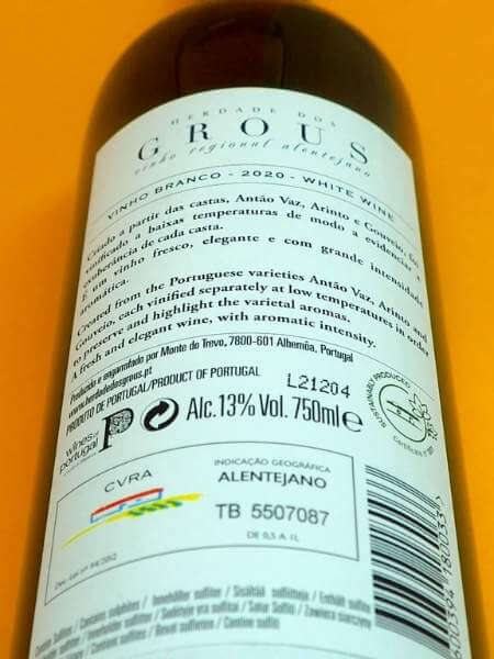 Herdade Dos Grous White Wine 2020 Back Label
