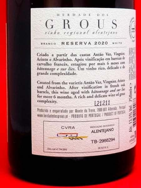 Herdade Dos Grous White Wine Reserva 2020 Back Label
