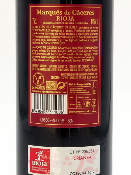 Back Label Details of Marqués de Cáceres 2019