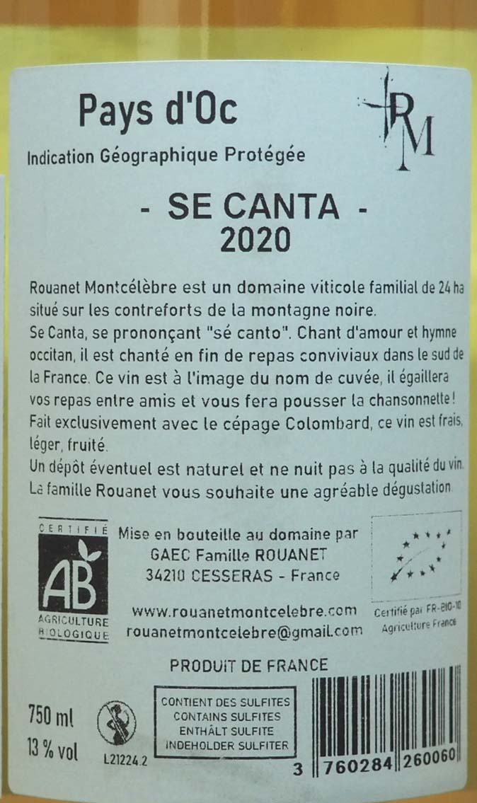Back White Label with Description of Se Canta Colombard Organic