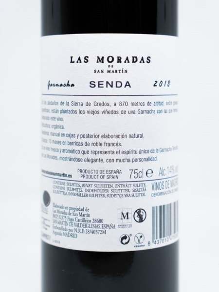 Back White Label with Description of Senda Garnacha Organic 2018