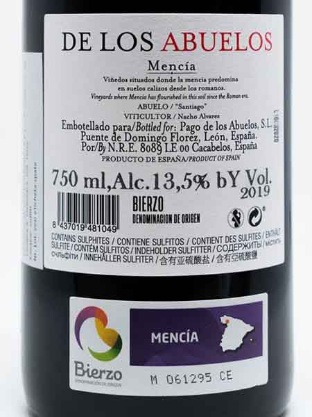De los Abuelos Vinas Centenarias Mencia 2019 Red Wine Back Label Details