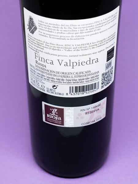Back Label of Finca Valpiedra Reserva 2014 Red Wine