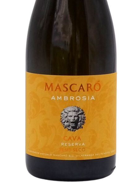 Detail orange label of Mascaro Ambrosia Cava sparkling wine front label