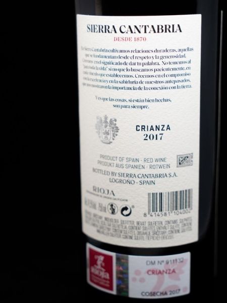 Back White Label with Description of Rioja Sierra Cantabria 