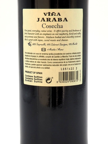 Back Label of Viña Jaraba Cosecha 2020