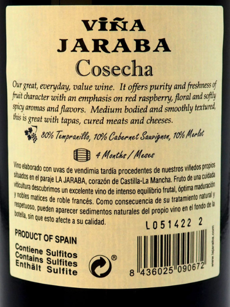 Back Label Details of Viña Jaraba Cosecha 2020